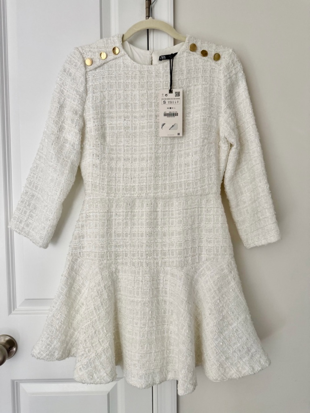 Zara White Textured Tweed Fit-and-Flare Dress with Gold Buttons
